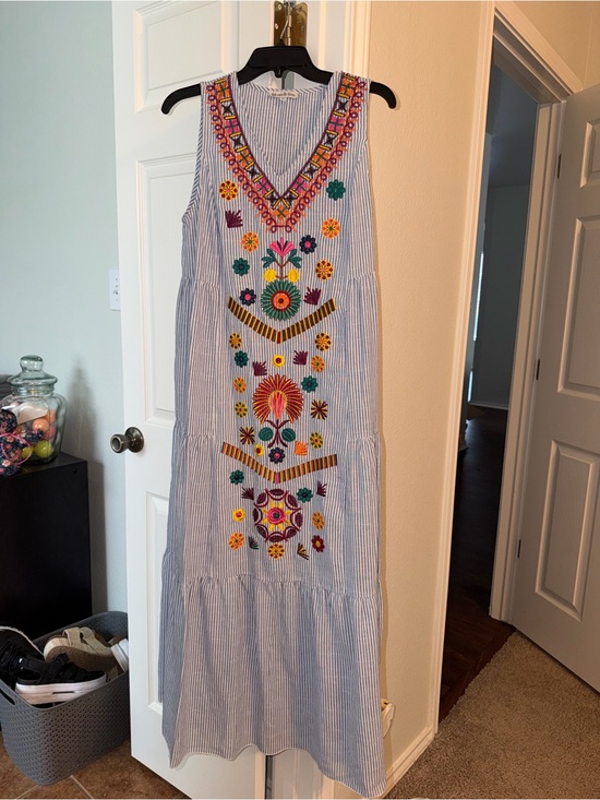 See And Be Seen Dresses & Skirts - Embroidered V-Neck Sleeveless Cotton Maxi Dress in Blue Stripe
